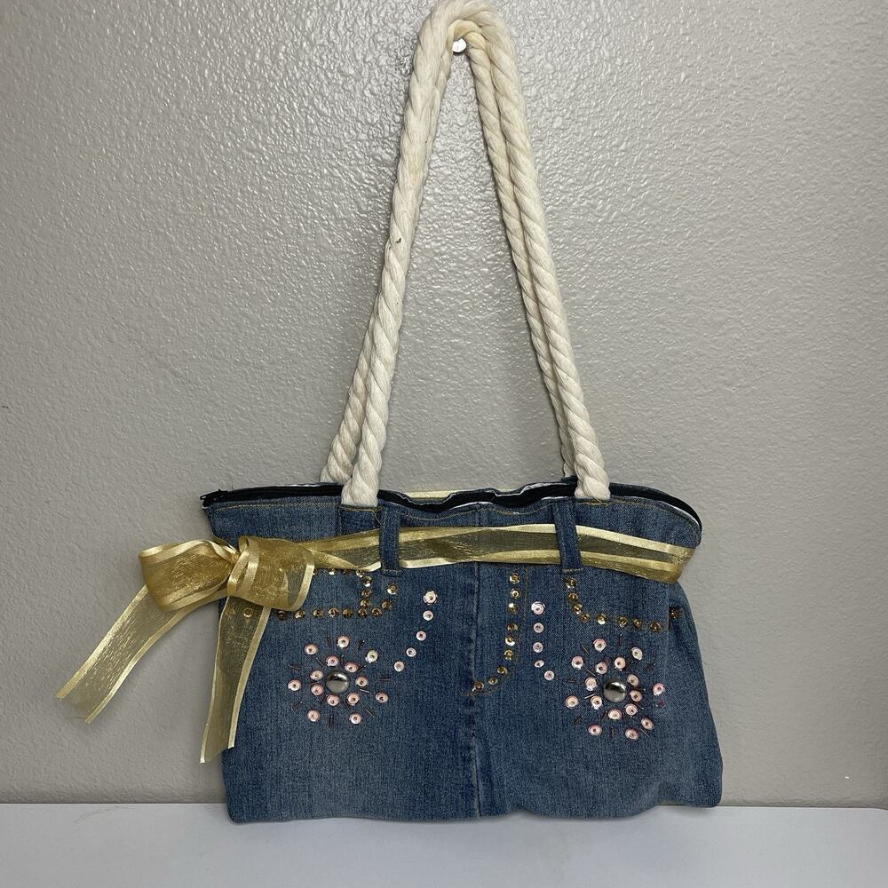 DENIM JEAN BOOTIE BOOTY BAG PURSE Handmade Sequin Bow Y2K